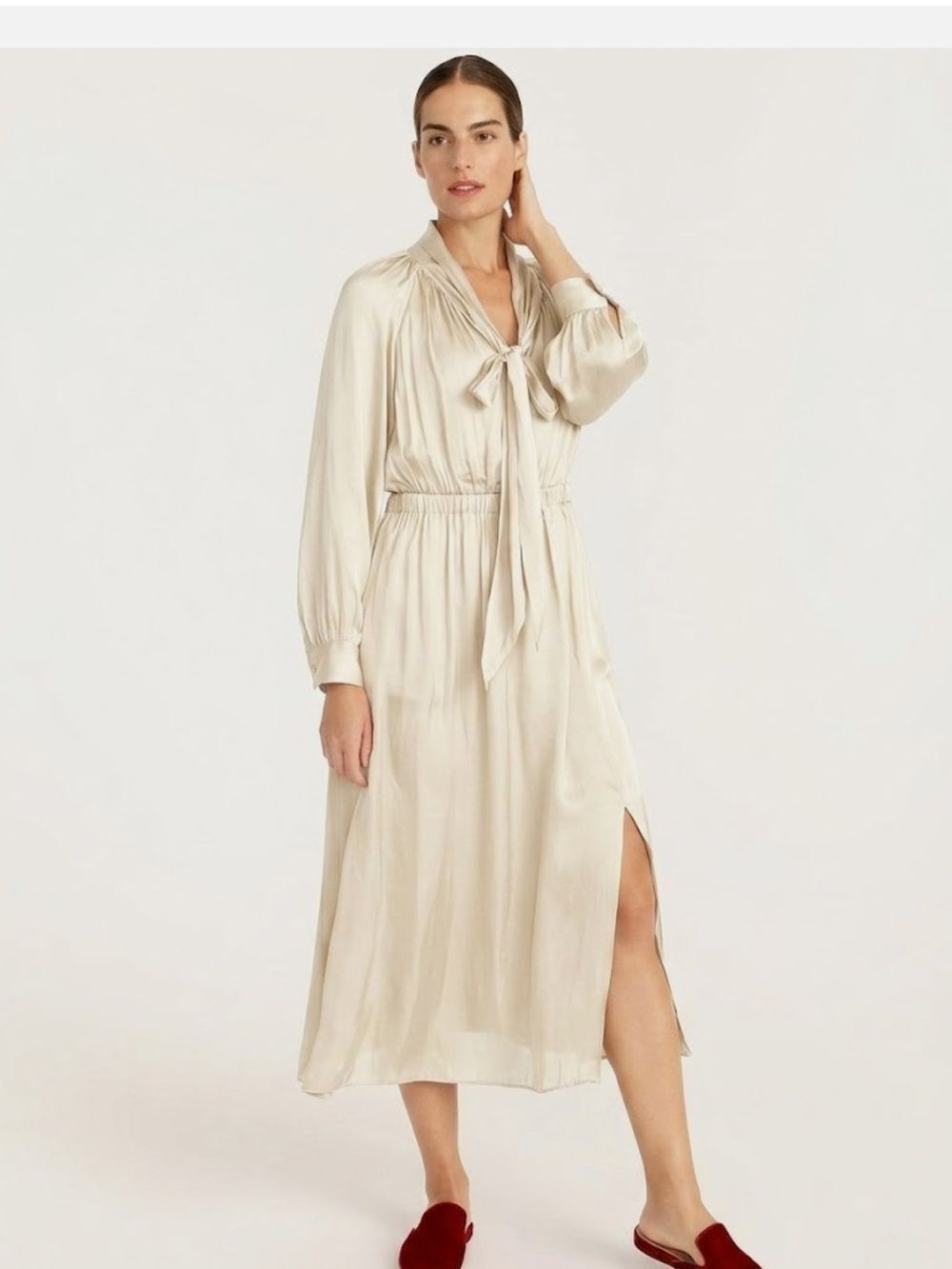J.Crew Featherweight Satin Tie-Neck Midi in Antique White